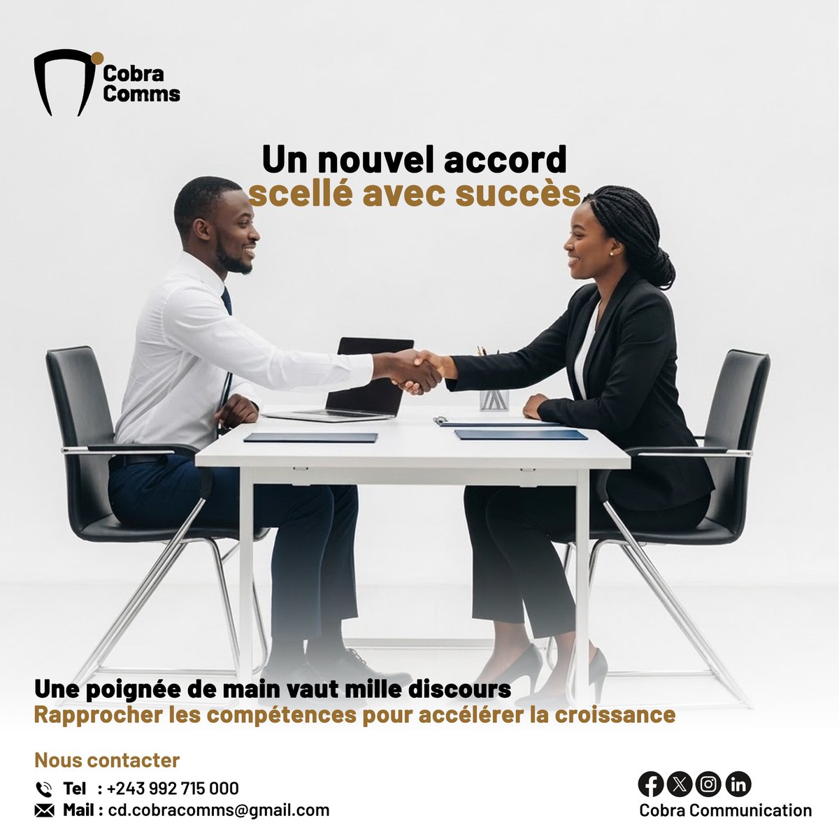 cobra_comms's tweet photo. Nouveau partenariat scellé !

Une poignée de main vaut mille discours, nous rapprochons les compétences pour accélérer la croissance de vos projets.

Faites équipe avec Cobra Comms dès aujourd'hui !
+243992715000 | cd.cobracomms@gmail.com

#cobracomms #partnership #business https://t.co/Q0jshETZf2