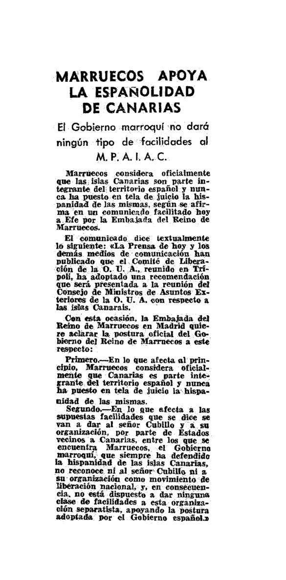 WesternSaharaQ's tweet photo. En 1978, la OUA(Organización de la Unión Africana) -actual Unión Africana, apoyó la africanidad de Las Islas Canarias y su derecho a la autodeterminación incluida #Argelia que optimizó la actividad independista de la #MPAIAC (Movimiento para la Autodeterminación e Independencia del Archipiélago Canario) desde su capital y ofreció una radio para dicho objetivo.
#Marruecos fue uno de los pocos países que rechazaron este proyecto y apoyó la españolidad de Las Islas Canarias, lo que le costó una hostilidad duradera por parte de los independentistas canarios, y tampoco pudo cobrar con tal postura la empatía de los sectores nacionalistas de #España, que siguen hasta hoy en día acusando al país de tener afanes expansionistas hacia el archipiélago, incitando constantemente al odio y la sospecha entre la población canaria hacia el vecino africano sembrando el pánico y infundir el miedo continuamente como herramienta entre las manos de los que gobiernan.
