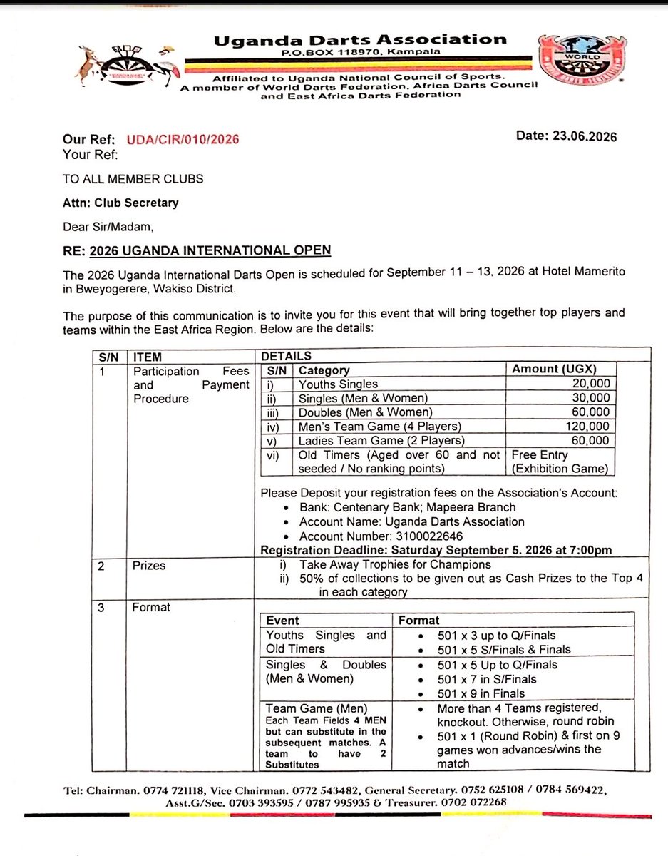 UDA_Darts256's tweet photo. The Uganda International Darts Open is scheduled for September 11-13, 2026 at Hotel Mamerito and All stake holders are invited for this Tournament https://t.co/PxOpWcGy5S