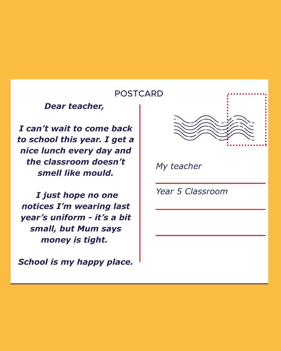 NEA_UKCharity's tweet photo. Rather than enjoying their summer holiday, many children have been counting down the days until schools reopen.  

For some children, school is more than just learning. It provides stability, support and a hot meal. https://t.co/7OmoejQjxg