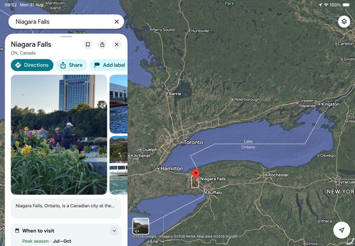 Changeling_1's tweet photo. @BladeoftheS Depends (in the UK) if you ask for ‘Niagara Falls’ or ‘Lake Ontario’.
Here’s the results of that on Google Maps (first two) and Apple Maps.
@Apple wins! https://t.co/euRG3M9Nje