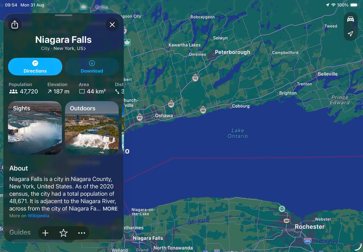 Changeling_1's tweet photo. @BladeoftheS Depends (in the UK) if you ask for ‘Niagara Falls’ or ‘Lake Ontario’.
Here’s the results of that on Google Maps (first two) and Apple Maps.
@Apple wins! https://t.co/euRG3M9Nje