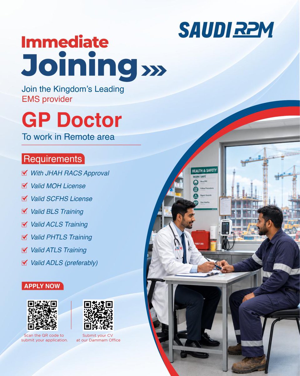 SaudiRPM's tweet photo. Immediate Hiring – GP Doctor!
Join Saudi RPM, the Kingdom’s leading EMS provider
Position: GP Doctor
Location: Remote Area
Apply Now! Scan the QR code to submit your application or submit your CV at our Dammam Office.
#SaudiRPM #GPDoctor #DoctorJobs #SaudiJobs #HealthcareJobs https://t.co/cFUgfHXZ7K