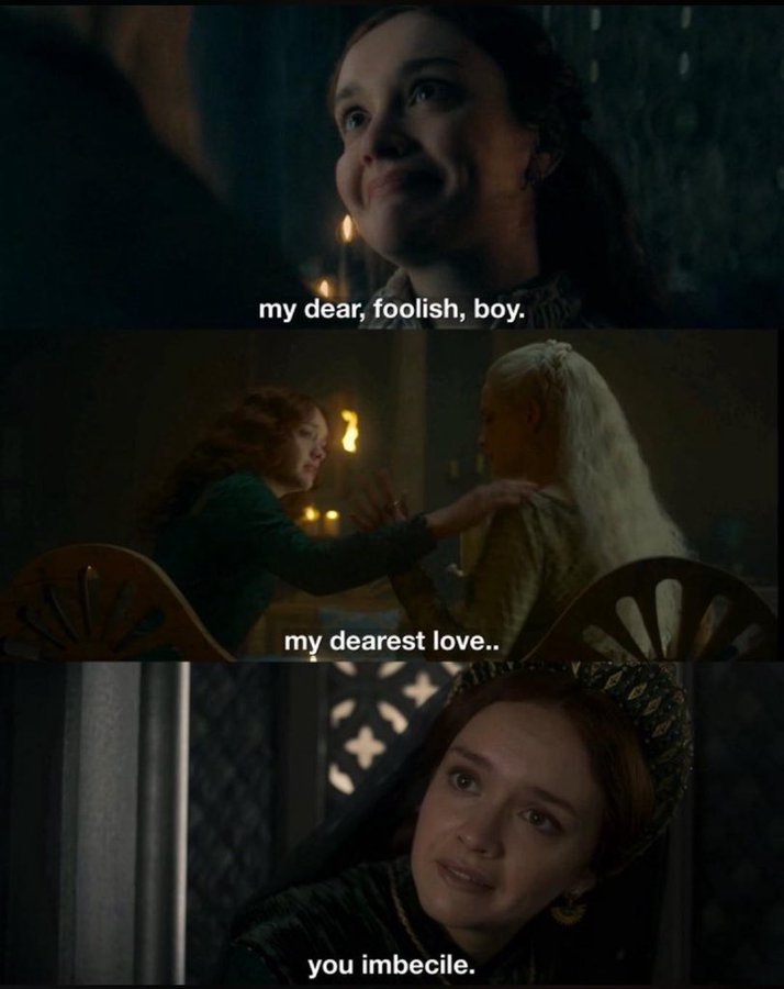 Allalooloo's tweet photo. Wait a second....when Aegon asks his mother if she loves him, she calls him imbecile. And when he finds Aemond at Harrenhall, and Aemond expects him to kill him, he calls him imbecile instead. This is just headcanon but what if this is his way of telling Aemond he loves him. 😭 https://t.co/0UFGshA15V