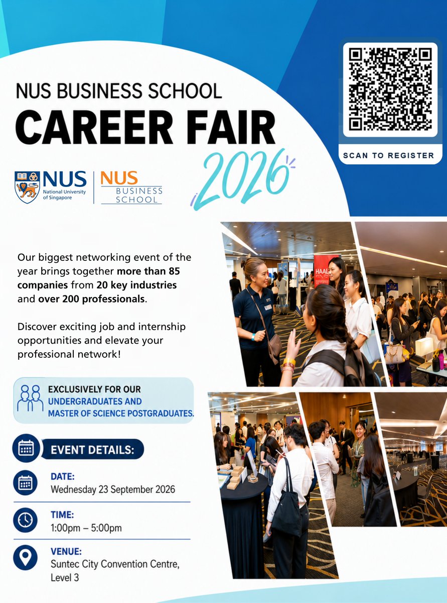 NUSBizSchool's tweet photo. Ready to connect with your next career opportunity? 🚀

The NUS Business School Career Fair 2026 is here!

Register now: https://t.co/kqnl5CwHsJ

#NUSBusinessSchool #CareerFair2026 https://t.co/W5ZHTVottP