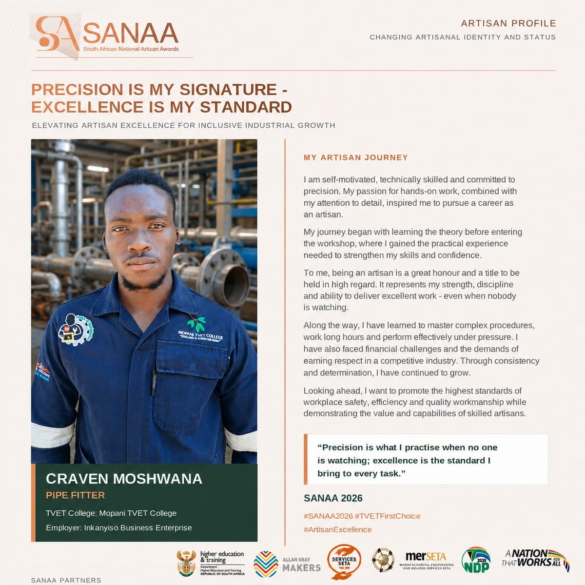 merSETASocial's tweet photo. Craven Moshwana – Pipe Fitter

⚙️ “Precision is what I practise when no one is watching; excellence is the standard I bring to every task.”  

#SANAA2026
#ArtisansOfMzanzi
#TVETFirstChoice https://t.co/P9Xr7e88hO