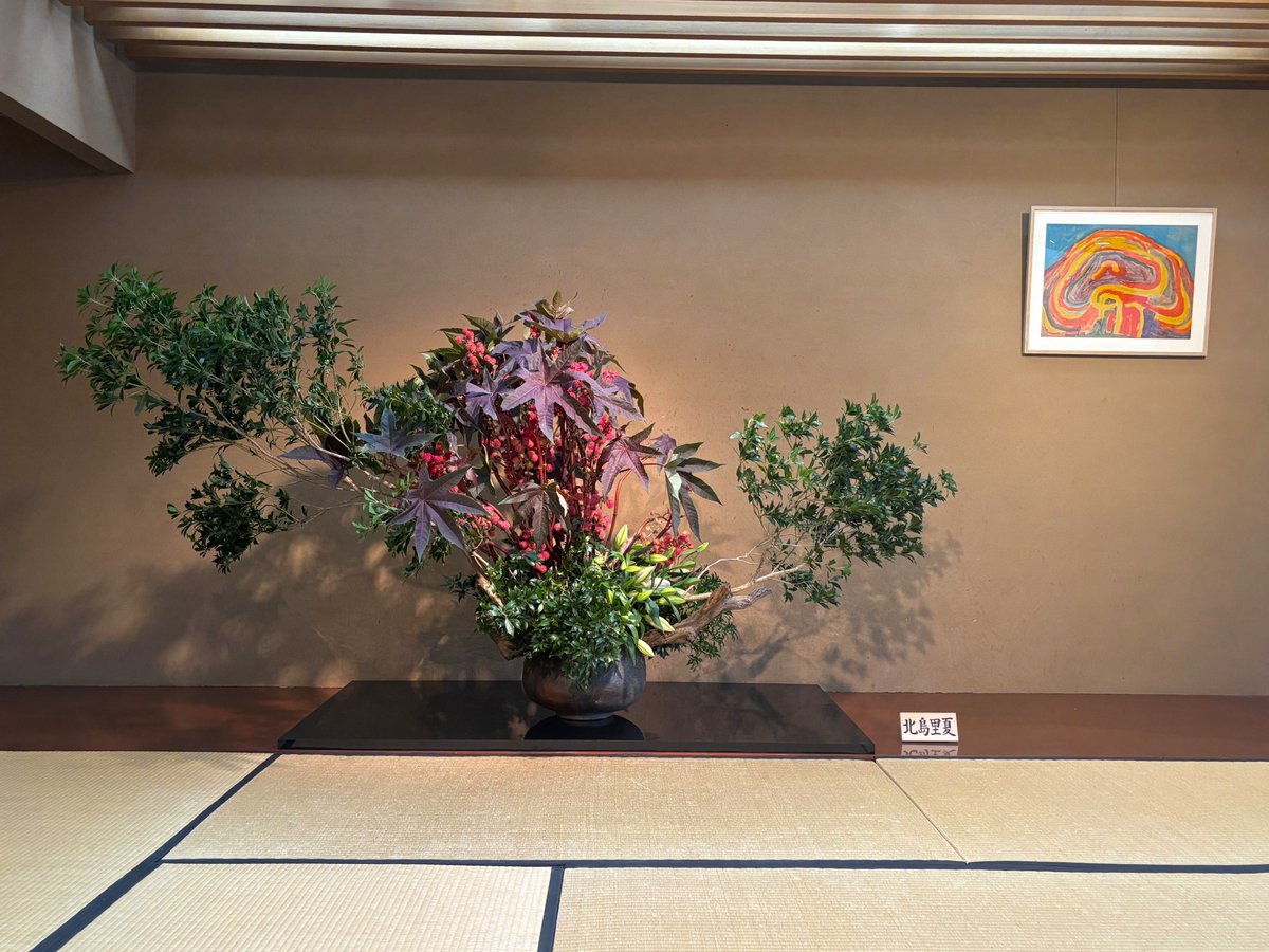ikeru_chan's tweet photo. 日本間の作品をご紹介します
草月会館の日本間では、季節のいけばな作品を展示しております。

2026年8月31日（月）〜9月11日（金）
作家：北島里夏 

花材：とうごま、ゆり、あせび 
額：勅使河原蒼風『富士』 https://t.co/YbCMlvk4ao
