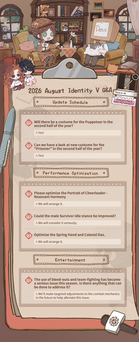 GameIdentityV's tweet photo. Dear Visitors,
Here are our answers from the Dev's Q&A! The collection for the next round of Q&A will end on September 6, 2026 at 11:59 PM GMT+8. Please submit your questions via the link below: 
https://t.co/9cd3TiINrL

*Submit your ideas and Leave your comment, and we will pick 5 visitors to receive test server codes.

#IdentityV