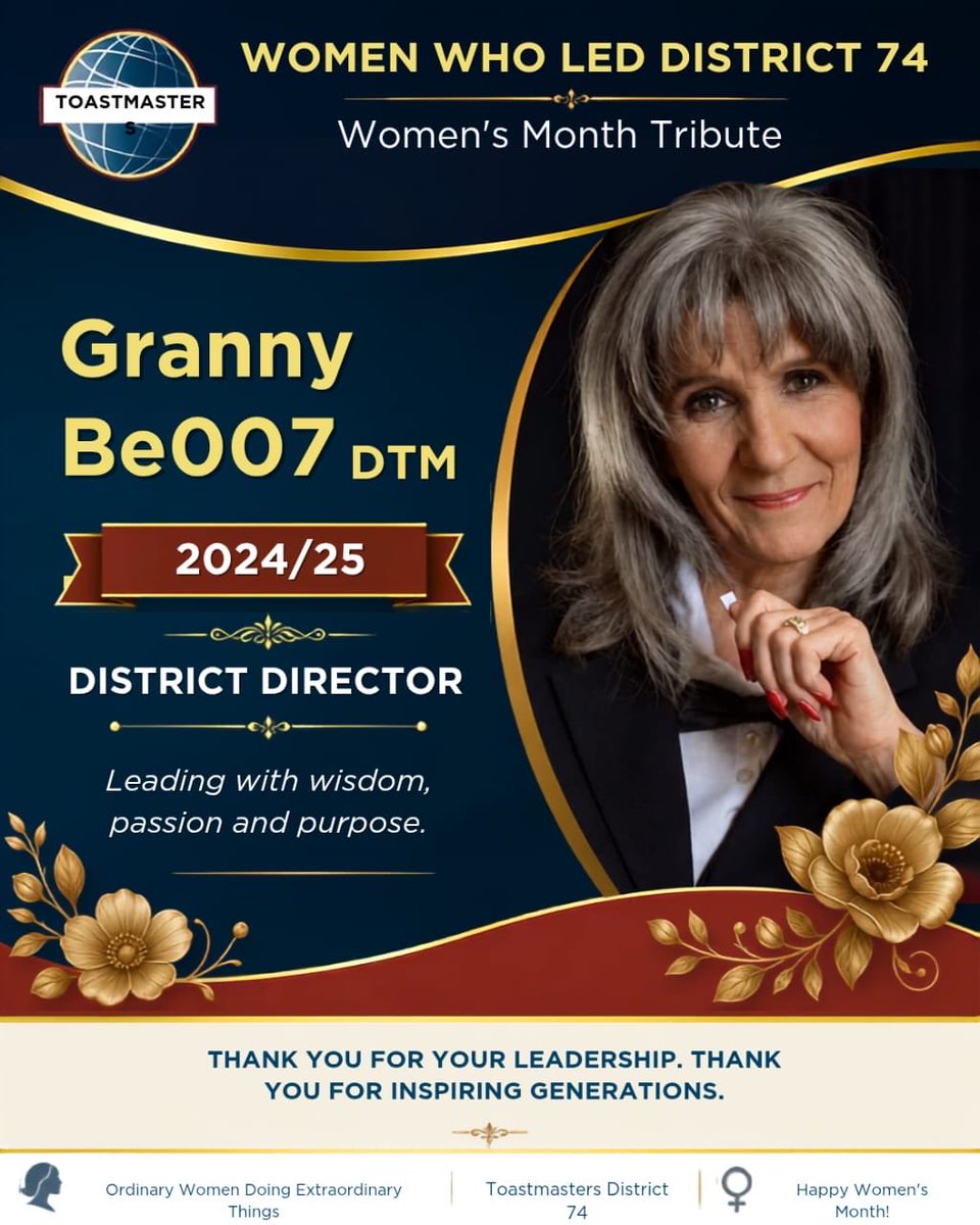 TMI74's tweet photo. WOMEN WHO LED DISTRICT 74! 🌸👑

As Women's Month comes to a close, District 74 turns the spotlight onto an extraordinary legacy — the women who have stepped forward, raised their voices, served, inspired and LED Toastmasters Southern Africa! 🌍💃🏽 https://t.co/G0wjqLTvAX