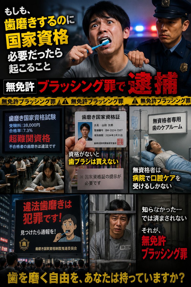 99mTc_gravity's tweet photo. 【もしもシリーズ投稿】
今日ももしもの世界のAI画像を投稿したよ〜　今日はもしも歯磨きするのに国家資格が必要だったらの世界の画像だよ〜　合格率は7.3%の試験、皆さんはこの世界で国家試験受けますか？コメントで教えてください!
#もしもの世界 #歯磨き #AI画像 https://t.co/OGGjXTbt7N