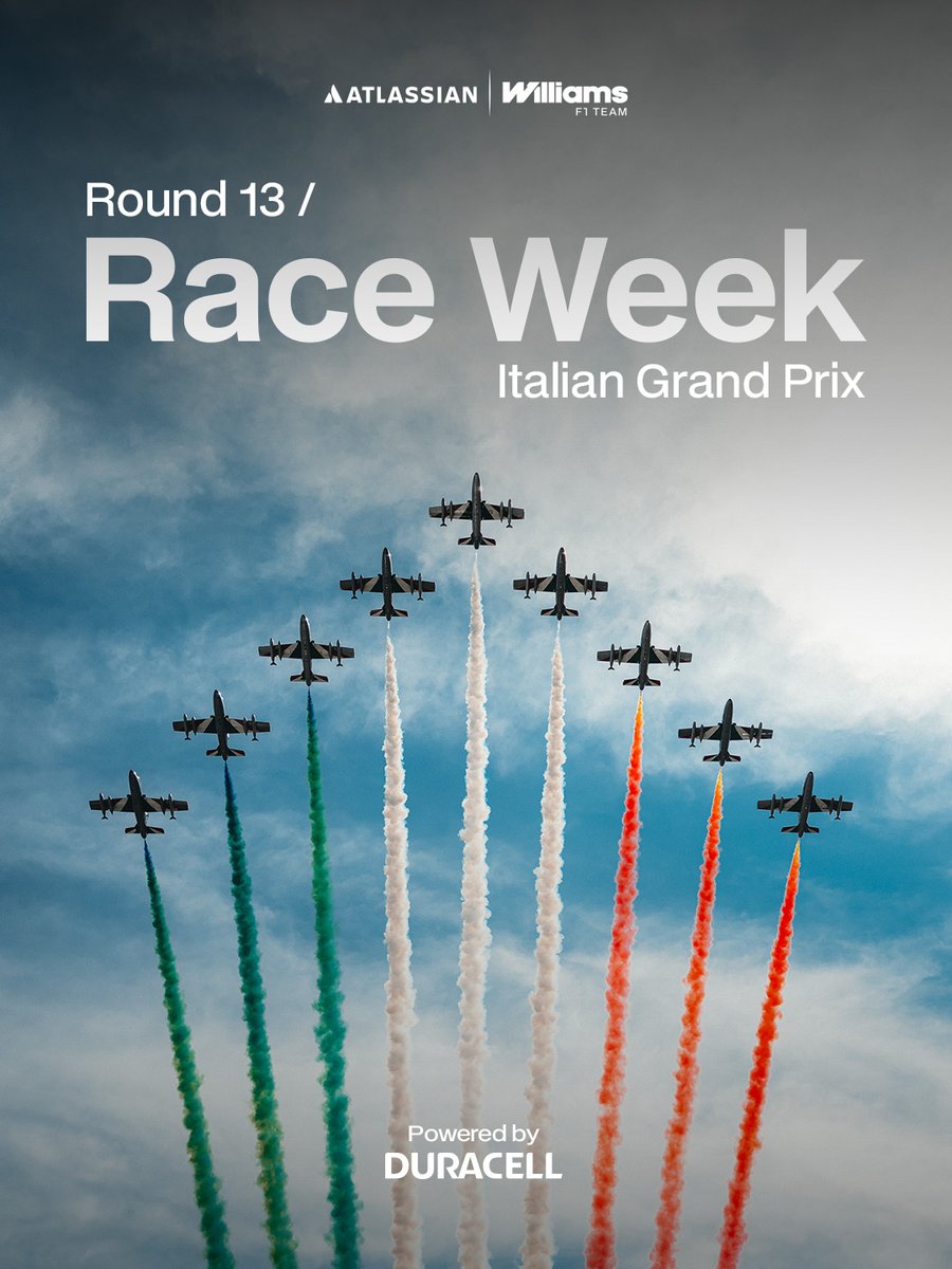 WilliamsRacing's tweet photo. It's race week 🇮🇹🤩 

We're heading to Monza for round 13 🙌

Powered by @Duracell 🤝 https://t.co/vwkbC8eZI1