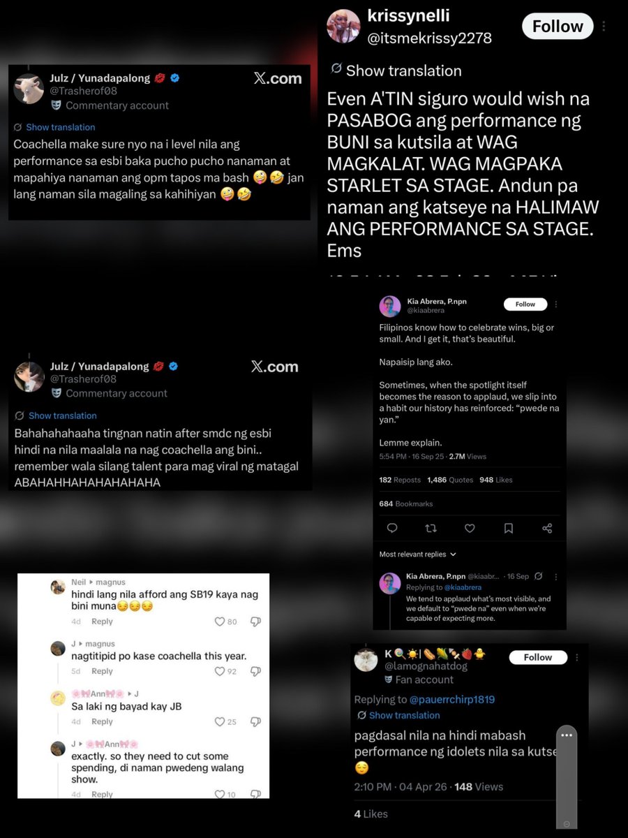 BINI_NenengH's tweet photo. Not today, satan. Heto kayo before, during, and after Coachella
Even announcement nu'ng SS, galing sa kampo n'yo 'yung narrative na "sabit" ang BINI dahil nahuli silang i-announce na kasama sa lineup. Fuck your selective morality. Pa-victim na naman kayo.
@SBretmanStone https://t.co/HMtGb3TSL7
