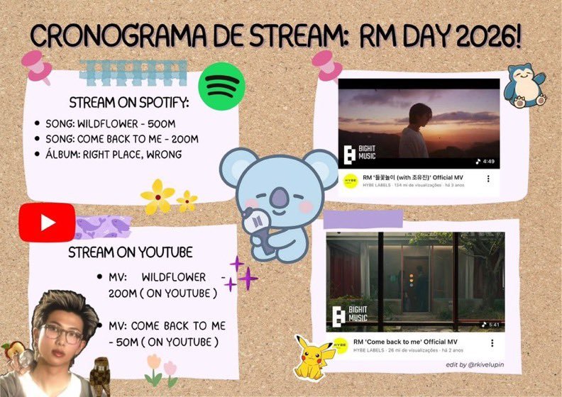 aguustddday's tweet photo. ‼️ATENÇÃO RM DAY ‼️ 

a lupita ( @rkivelupin e a @hots1802 ) criaram um projetinho de aniversário para o namjoon, estarei deixando o link do calendário e como funcionará cada dia !

• METAS
🎧 500M — Spotify
🎬 200M — YouTube

#RMDay #StreamEmWildFlower #NamjoonDay https://t.co/kb8Cs2hlO3