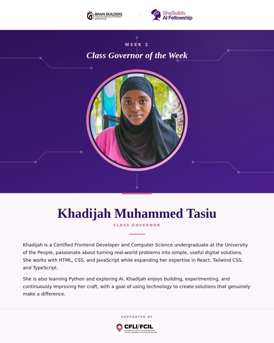 SheBuildAi's tweet photo. @Dignifiedmt is our class Governor of the week! She will be our peer leader and link between fellows and facilitators, helping the cohort stay organised, engaged and accountable while providing support to other fellows during learning activities. https://t.co/dcfuiQvpvp