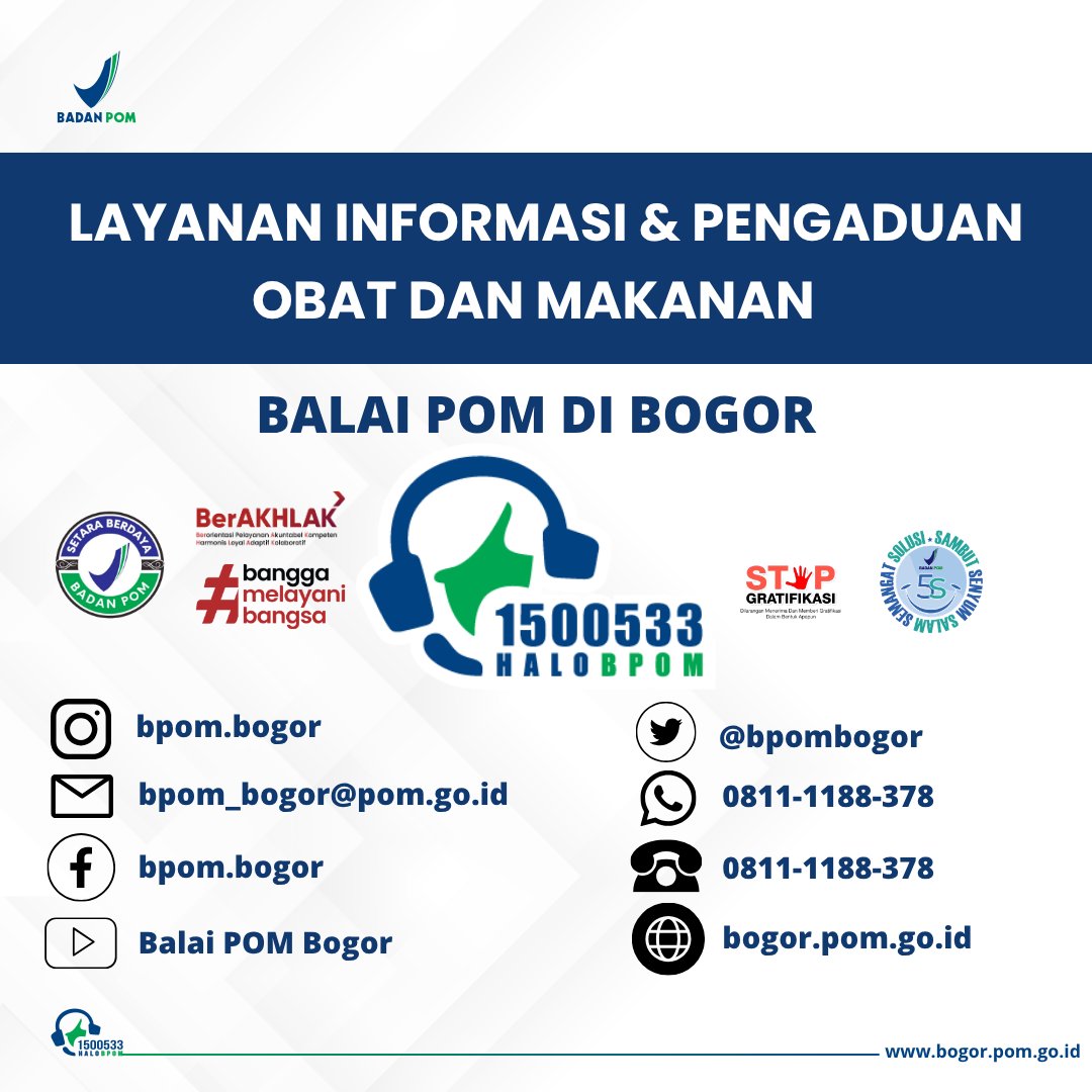 bpombogor's tweet photo. Satu laporanmu dapat membantu melindungi lebih banyak orang.
Yuk, bersama wujudkan peredaran obat dan makanan yang aman dan memenuhi ketentuan!
#BPOM #BalaiPOMBogor #LaporBPOM #PengaduanBPOM #HALOBPOM #KonsumenCerdas #ObatAman #MakananAman #ObatDanMakanan #CekKLIK #BPOMRI https://t.co/Wmc3qQm5Fz