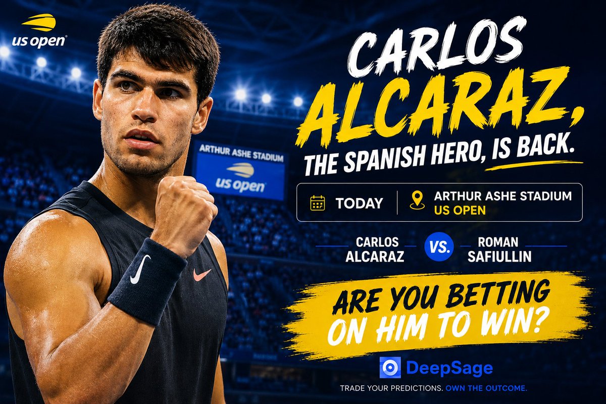 DeepSageApp's tweet photo. Carlos Alcaraz, the Spanish hero, is back. πͺπΈπΎ
Today at Arthur Ashe Stadium, he faces Roman Safiullin at the US Open.
Are you betting on him to win? π
#CarlosAlcaraz #USOpen #Tennis #PredictionMarkets #SportsPrediction #DeepSage #Web3 https://t.co/5Lc2yBm6Ha