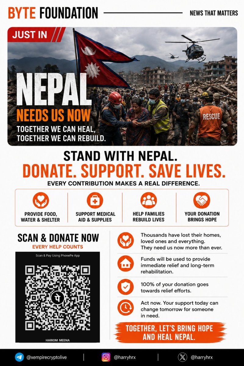 harryhrx's tweet photo. 🇳🇵❤️ Stand With Nepal

Thousands need help, hope, and support.
Your small contribution can provide food, shelter &amp; medical aid. 🙏

📲 Scan &amp; Donate Now — Every Help Counts.

Together, we can bring hope back to Nepal. 🇳🇵❤️

#NepalRelief #HelpNepal #DonateForNepal #StandWithNepal https://t.co/tK9l9E8RTc