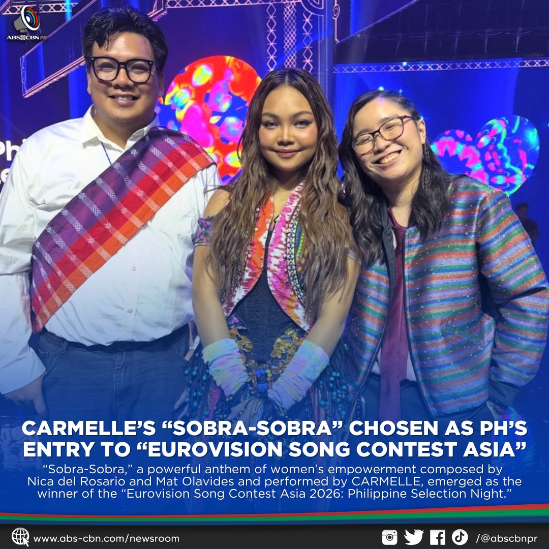 ABSCBNpr's tweet photo. We have our winner! 🏆🇵🇭

Carmelle emerges victorious with “Sobra-Sobra,” a powerful anthem of women’s empowerment composed by Nica del Rosario and Mat Olavides, at the Eurovision Song Contest Asia: Philippine Selection Night.

#EurovisionAsia #PhilippineSelectionNight #PSN2026 https://t.co/6DvBB6i4K1