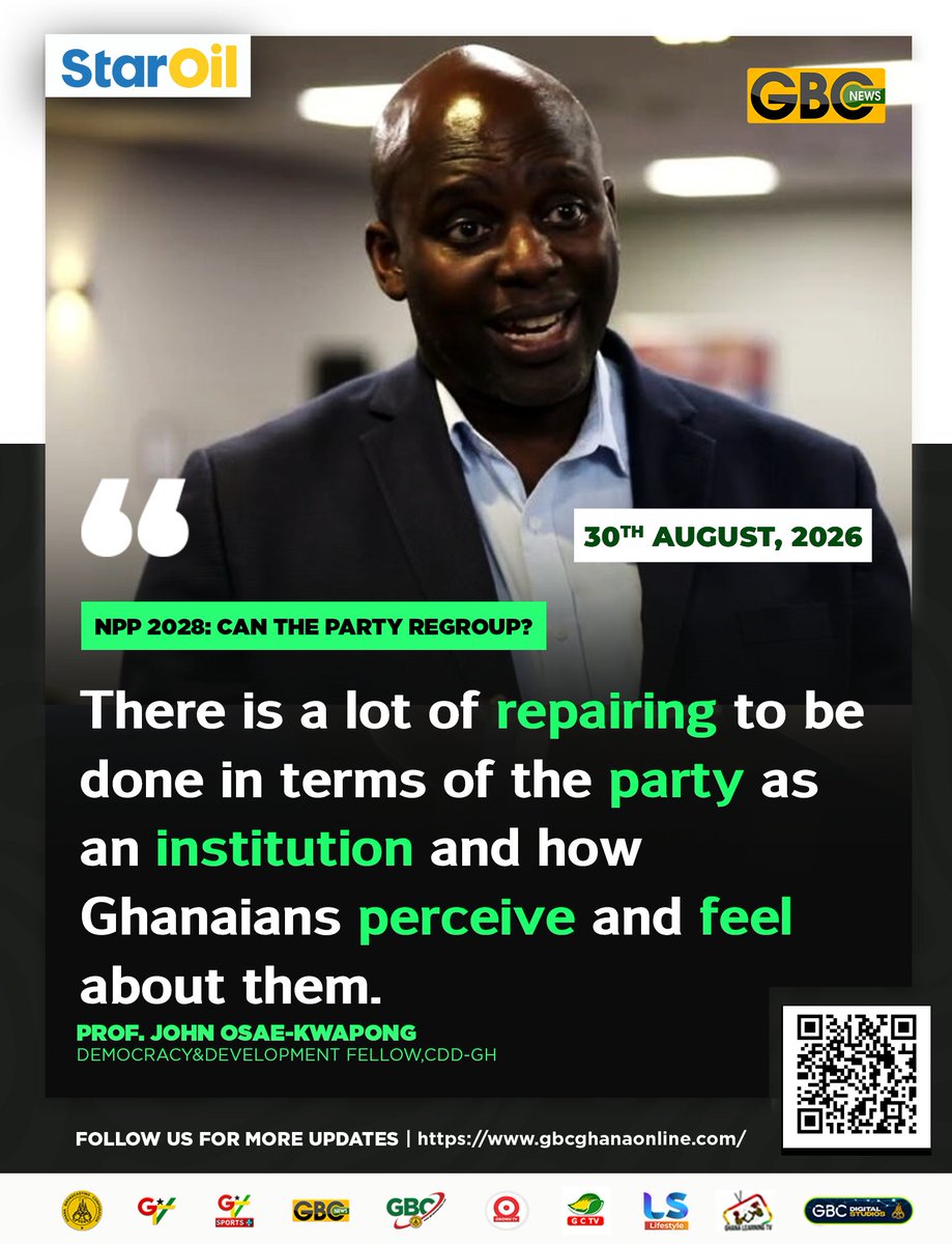 gbcnews_'s tweet photo. NPP 2028: Can The Party Regroup?
There is a lot of repairing to be done in terms of the party as an institution and how Ghanaians perceive and feel about them.
Prof. John Osae-Kwapong - Drmocracy&Development Fellow,CDD-GH
#TalkingPoint
#NewsUpdate https://t.co/C2uxXR6CEf