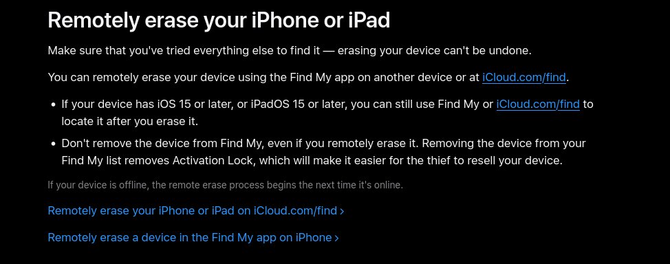 contrasortem's tweet photo. @vikhyatk Lost Mode:

https://t.co/RC5bOT9Q8x

Plus, apparently, you can remotely wipe a device, too: https://t.co/jQaejA5LyO