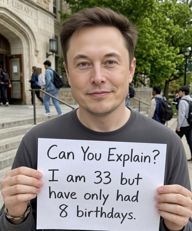 ElonTrumpfx's tweet photo. 🧠 If you’re 33 but have only had 8 birthdays, can you figure out why? 🤔🎂 https://t.co/8isUb15oyN