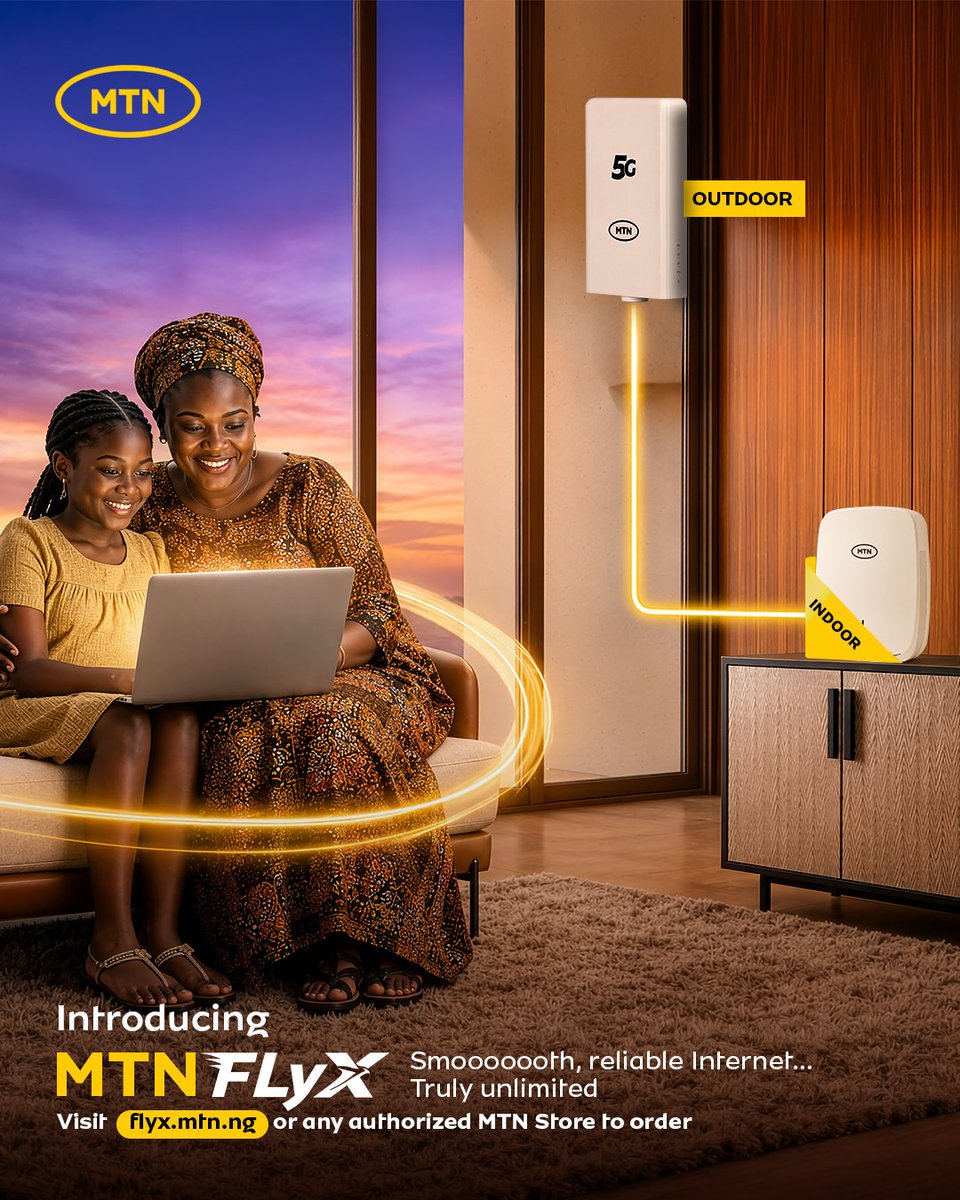 MTNNG's tweet photo. MTN FlyX has finally landed! 

Enjoy truly unlimited broadband data for as low as N30,000.
Perfect for home use and small businesses. 

Visit https://t.co/PNV5cGwKQ9 or any authorized MTN store to get yours. 

MTNFlyX
LiveIt100 https://t.co/pzhNZVMF6S