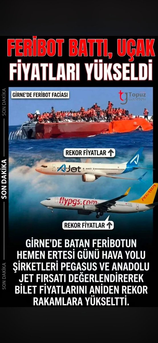 sabahatinismail's tweet photo. PEGASUS VE ANADOLU JET'İN FIRSATÇILIĞINA BAKIN!!
SİZ NASIL BİR AÇGÖZLÜ VE  UTANMAZSINIZ?
Dünkü korkunç Deniz faciası öncesinde 6 bin TL olan Ercan-İstanbul uçak biletlerini
22 bin TL'ye çıkardılar!!
Türkiye Ulaştırma Bakanlığı bu açgözlü vurgunculara DUR demeyecek mi? https://t.co/92nqx74Tl3