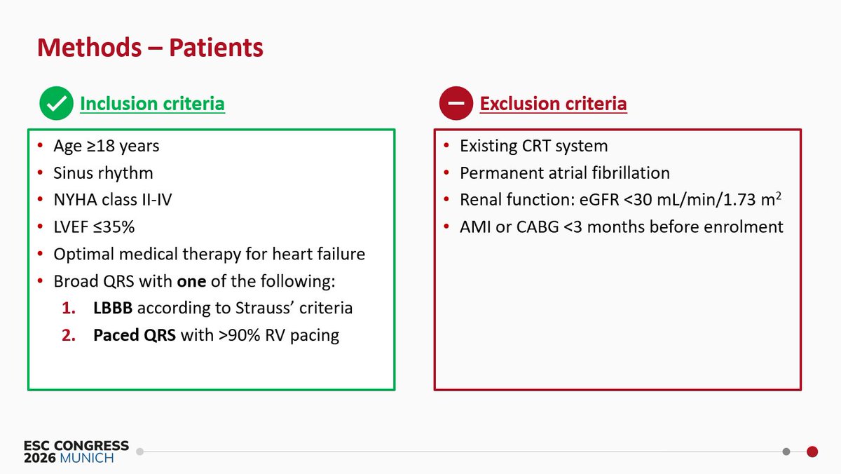CMichaelGibson's tweet photo. In patients with HFrEF who were candidates for cardiac resynchronization therapy (CRT), conduction system pacing (CSP-CRT)—using His bundle or left bundle branch pacing—was non-inferior to biventricular pacing (BiV-CRT) for the relative reduction in left ventricular end-systolic volume (LVESV) at 6 months.  Download slides here: https://t.co/op611JJuGt