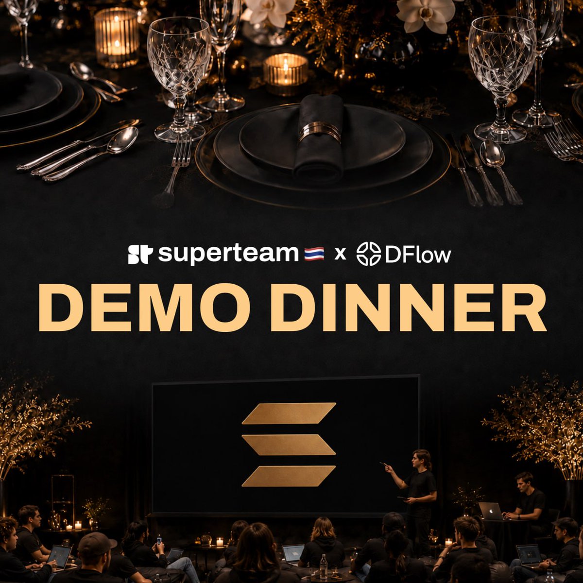 SuperteamTH's tweet photo. -> @dflow Demo Day 🤝 Community Dinner

We’re merging both into one evening of demos, networking, dinner, and drinks.

50 spots only.

First to arrive get exclusive MoonPay merchandise.

5:30 PM Doors Open
6:45 PM Demos Start
7:30 PM Networking, Dinner & Drinks

Come see what builders are shipping. 

https://t.co/BPXnupS2SI