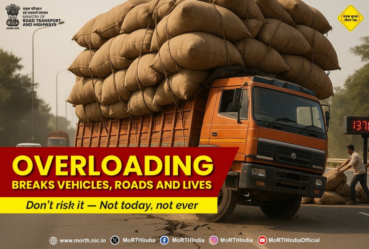 MORTHIndia's tweet photo. Heavy load has heavy consequences. Keep it within prescribed limits and ensure safety for all road users. #Overloading #RoadSafety #ResponsibleDriving https://t.co/EkcJC8Wq5z