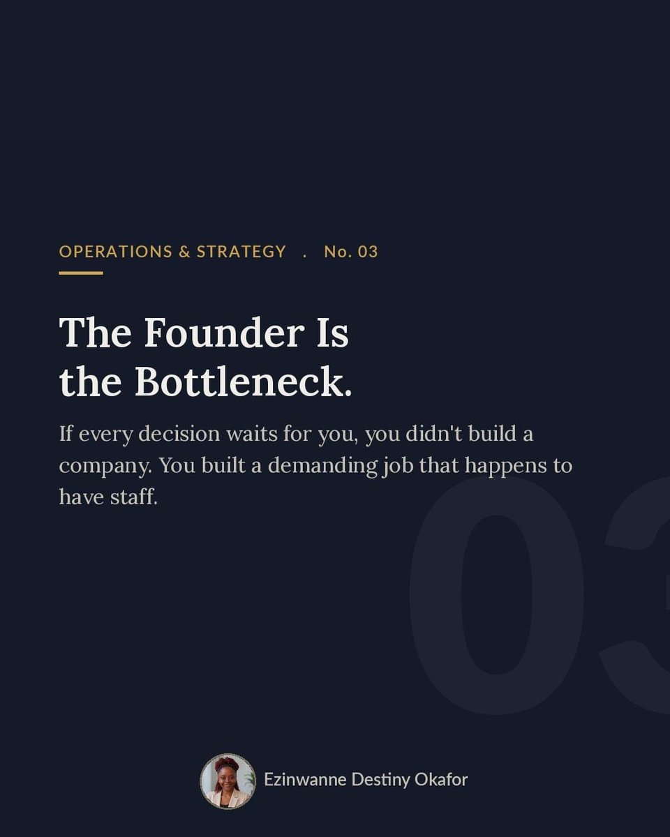 Cassy_Blakes's tweet photo. The founder is the bottleneck. Everyone sees it except the founder.

If every decision waits for you, you didn't build a company.
You built a very demanding job that happens to have staff.

Your team isn't slow. 

#operationsmanagement
#operationsandstrategy 
#strategymanagement https://t.co/LdRdGfX9Jo
