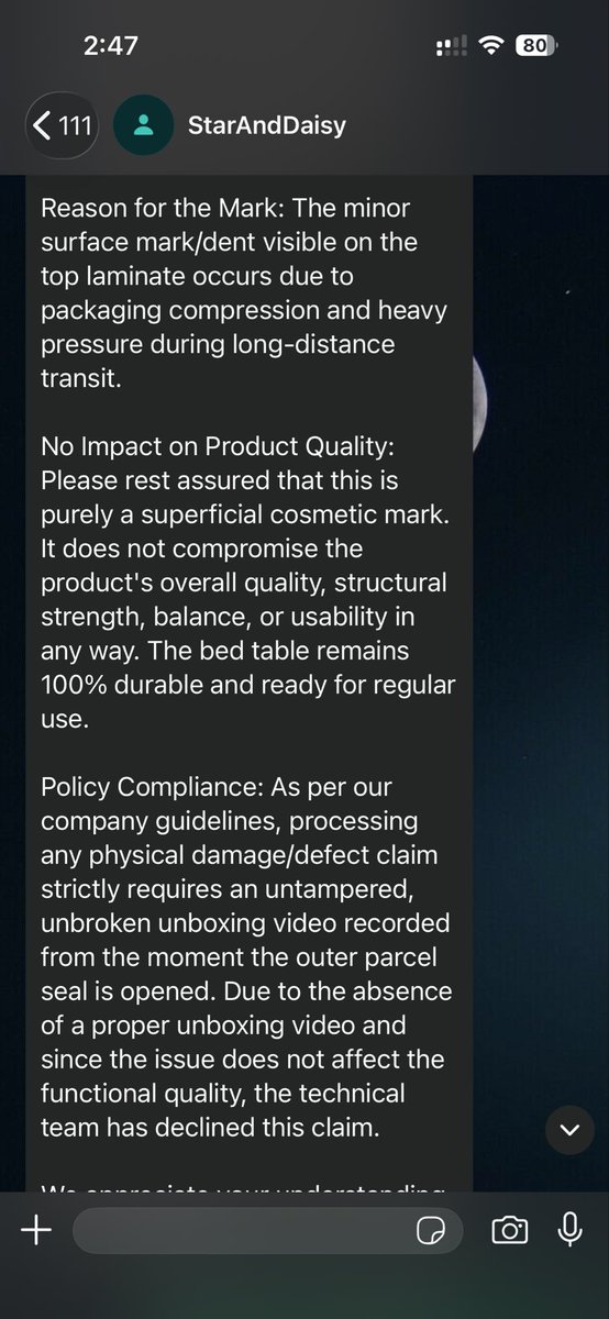 yash146's tweet photo. @StarAndDaisy  what a pathetic and senseless reply from damaged order received. 
customer care replay, (pfa)
1) Product is fully damaged, saying minor mark is fine, use that 😡
2) saying not shared open box video, how can we shoot if we don’t know that it is damaged till we open! https://t.co/ABHp9R8lJC