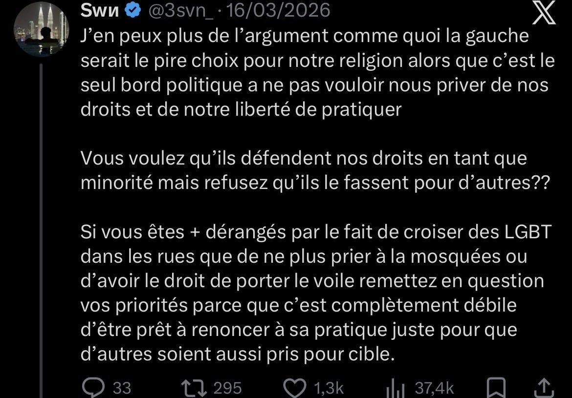 3svn_'s tweet photo. Les frères je me répète mais il en va de notre responsabilité de défendre la liberté de pratiquer notre foi, pour notre communauté tout autant que pour les autres minorités par ailleurs.

Avant même de voter pour une personnalité, un parti, un programme, une dynamique économique ou sociale, la PRIORITÉ absolue doit se faire autour de notre liberté.
L’extrême droite vous privera de votre liberté de pratiquer, de vous exprimer, d’être représenté, d’exister. À tous les niveaux.

Pensez à nos mères, nos sœurs nous-mêmes et nos aînés qui subiront les conséquences directes de cette politique.