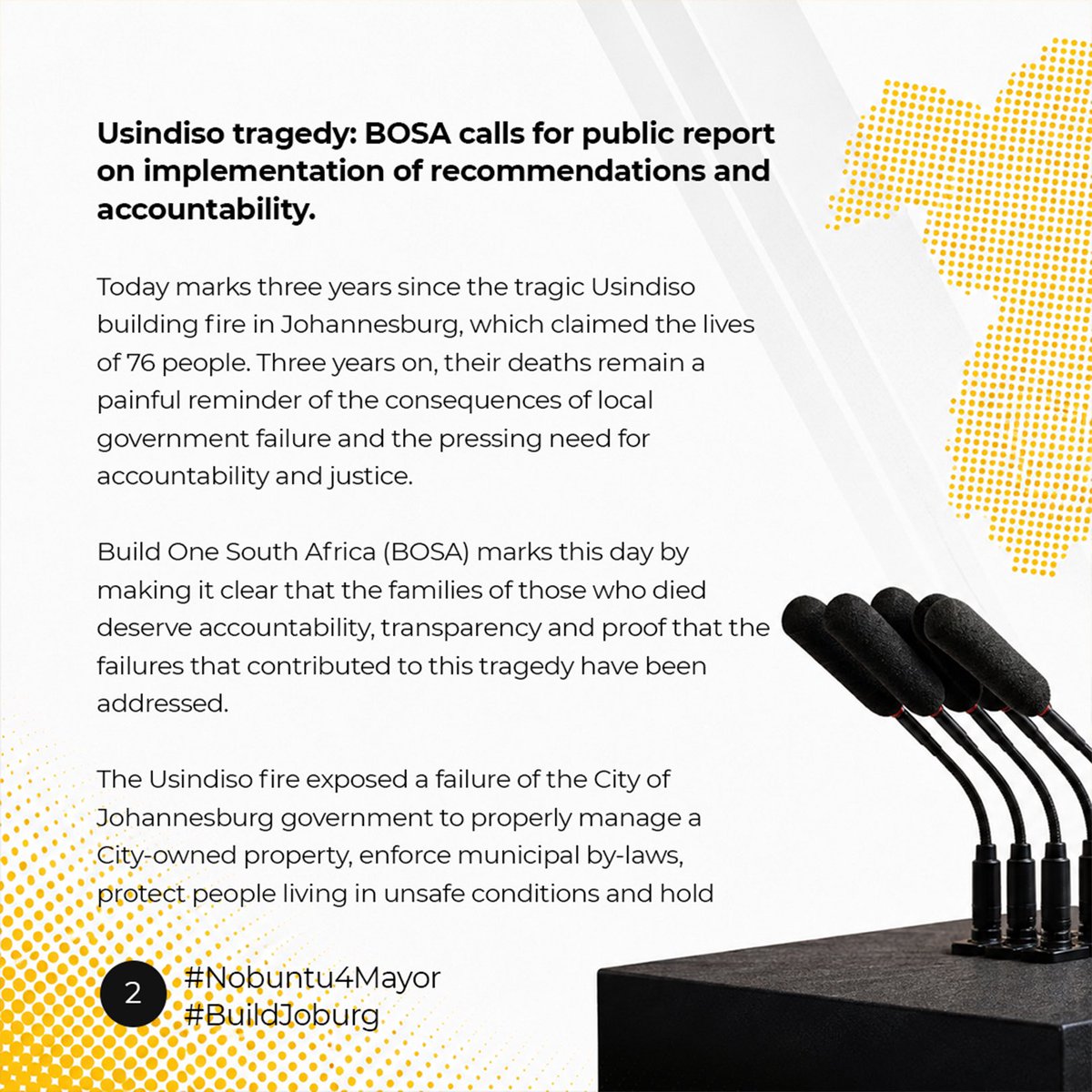 NobuntuSA's tweet photo. [MEDIA STATEMENT 📃] 

Usindiso tragedy: #BOSA calls for public report on implementation of recommendations and accountability

#NHWForMayor #BuildJoburg #Nobuntu4Mayor https://t.co/gA5FRWhGCb