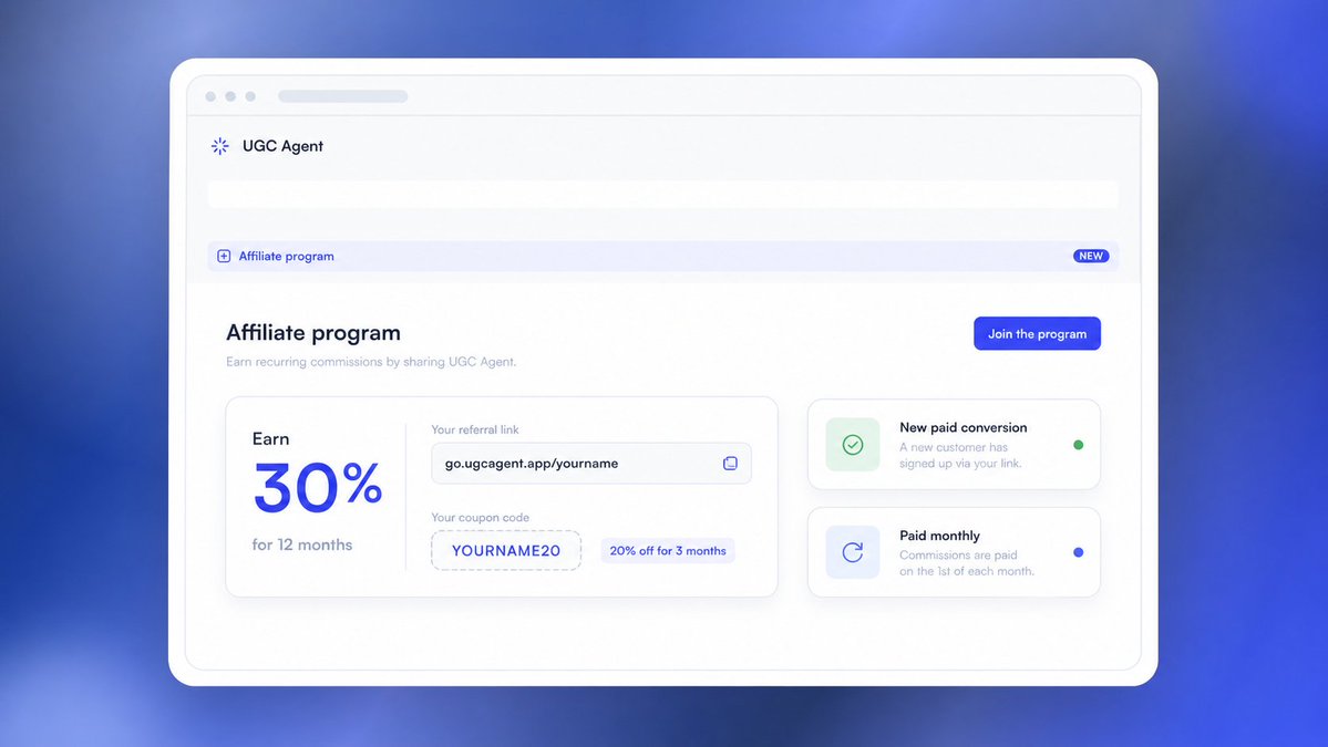 theugcagent's tweet photo. you can now earn money with UGC Agent 💸

refer a customer and earn 30% of everything they pay for 12 months.

they get 20% off their first 3 months. you get a link, coupon, live dashboard, and monthly payouts. https://t.co/4YkfdK8VGo