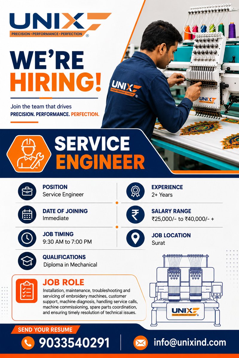 UnixmachineInfo's tweet photo. 🚨 WE’RE HIRING!

Join the team that drives PRECISION. PERFORMANCE. PERFECTION.

🔧 SERVICE ENGINEER
📍 Surat | ⏱ Immediate Joining
🎓 Diploma in Mechanical | 💼 2+ Years Experience

📩 Send Your Resume: info@unixind.com
📞 9033540291
#WeAreHiring #ServiceEngineer #JobOpening https://t.co/eLEZEgGkYL
