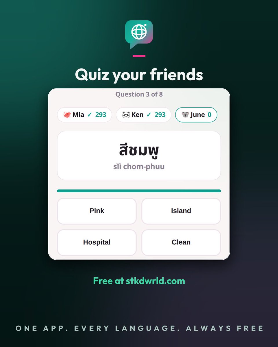 stkdwrld's tweet photo. QUIZ?
Learning alone is quiet. So we built rooms.
Create a room, share the 4-letter code, up to 4 players. It starts the moment the second one joins: the same questions on every screen, live scores, and your voices in the room.

Works in all 27 languages.
https://t.co/b3g33wkJ7R https://t.co/jOYA3GzAoc