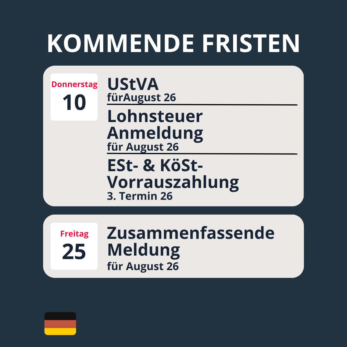 GetFreeFinance's tweet photo. Steuertermine im September 2026: Diese Fristen solltest du im Blick haben 📅

Auch im September stehen wieder wichtige Steuertermine für KMUs und Selbstständige an.
Hier die wichtigsten Fristen im Überblick: https://t.co/sxg1qu0aZ3