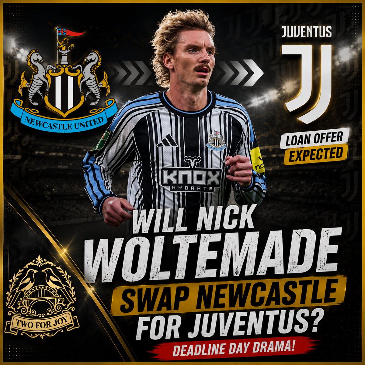 TwoforjoyTV's tweet photo. 🚨 Nick Woltemade could swap the black and white stripes of Newcastle United for Juventus.

Loan interest emerging from Italy on deadline day. 👀

#NUFC #Juventus #PremierLeague #DeadlineDay https://t.co/pl4cSIxKvF