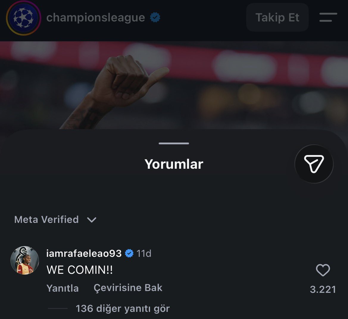 samiyengundem's tweet photo. 👀 Şampiyonlar Ligi resmi hesabının paylaşımının altına Rafael Leao’dan yorum geldi. 

“Geliyoruz.” https://t.co/26559VhyPS
