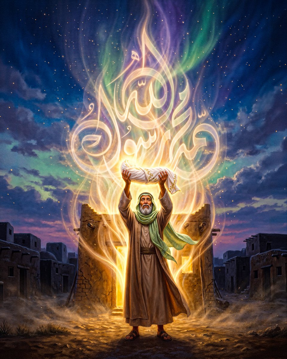 imamhussainorg's tweet photo. في تلك اللحظة التي أشرقت فيها الدنيا بمولد رسول الله محمد (صلّى الله عليه وآله)، حمل عبد المطلب حفيده بين ذراعيه، يتأمّل وجهاً يفيض نوراً، وكأنّ لهذا المولود شأناً يتجاوز حدود الزمان والمكان.

وسمّاه محمداً، اسماً سيغدو على مرّ الزمان عنواناً للحمد والثناء، وتتعطّر به ألسنة المؤمنين بالصلاة والسلام.

وهكذا حمل عبد المطلب حفيده في مكة، وحمل المولود اسماً سيبقى خالداً في ذاكرة البشرية، بينما كان النور الذي أحاط بمولده إيذاناً بطلوع فجرٍ جديد، فُتحت به أبواب الرحمة، وأشرق به طريق الهداية، وصار محمد اسماً تتردّد معه القلوب حبّاً، والألسن صلاةً وسلاماً على رسول الله (صلّى الله عليه وآله).

#رسول_الله 
 #العتبة_الحسينية_المقدسة