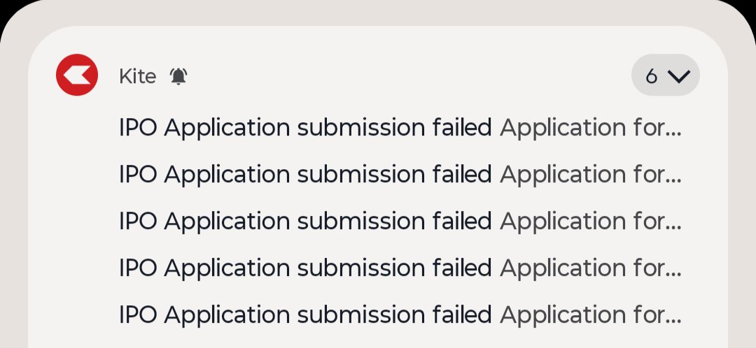 WarriorPratik's tweet photo. @zerodha @AskZerodha I applied for IPO but it's getting rejected and I am getting notifications again and again( almost 15 till now). Don't know why it rejected and why so many notifications. https://t.co/kosHnc7CVa
