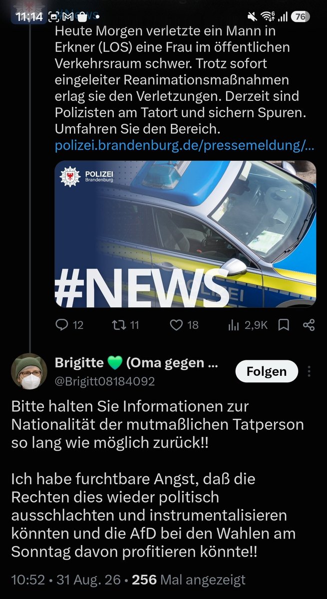 jessieTsaneikk's tweet photo. Der Satz kommt nicht nach der Trauer. Er ersetzt sie.

Eine Frau ist auf offener Straße getötet worden. Die Polizei schreibt vom öffentlichen Verkehrsraum, von Reanimation, vom Sterben trotz aller Maßnahmen. 

Darunter erscheint die eigentliche Priorität: Nationalität bitte zurückhalten, so lange wie möglich.

Nicht weil die Ermittlung das verlangt. Weil eine Wahl naht. 

Weil jemand fürchtet, dass aus einer Leiche eine Stimme wird – und zwar die falsche.

Das ist der Moment, in dem Moral zur Verwaltung wird. Das Opfer darf tot sein, aber nicht sprechend. 

Der Täter darf existieren, aber nicht konturiert. Die Öffentlichkeit darf erschrecken, aber nicht nachdenken. 

Alles, was die Tat konkret machen würde, gilt schon als „Ausschlachtung“. Übrig bleibt ein Ritual: Betroffenheit ohne Gegenstand, Anstand ohne Auskunft.

Die Pointe dieser Haltung ist nicht Güte. Es ist Misstrauen gegen das eigene Land. 

Bürger gelten als so leicht verführbar, dass man ihnen Merkmale eines mutmaßlichen Täters vorenthalten muss, damit sie am Sonntag brav wählen. 

Die Tote wird zur Gefahrenquelle für das richtige Ergebnis. 

Wer so rechnet, hat die Hierarchie der Dinge verloren: zuerst das Lager, dann die Deutung, ganz unten die Frau, die nicht mehr atmet.

Man kann eine Tat benennen, ohne sie einer Partei zu schenken. Man kann ermitteln, ohne Wahlkampf zu führen. 

Was hier verlangt wird, ist das Gegenteil: Verschweigen als Tugend, Unschärfe als Schutzzauber. 

Nicht vor dem Täter. Vor der Möglichkeit, dass jemand die falschen Schlüsse zieht.

Eine Gesellschaft, die nach einem Mord zuerst fragt, wem die Wahrheit schadet, hat das Opfer bereits verlassen.