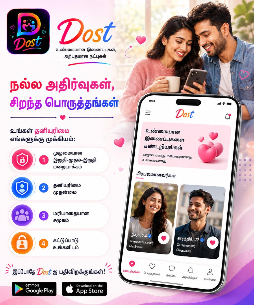 DOSTAppConnect's tweet photo. உண்மையான இணைப்புகள், பாதுகாப்பான உறவுகள் ❤️

 Dost உடன் உங்கள் புதிய பயணத்தைத் தொடங்குங்கள்! 📱💕

🔐 தனியுரிமை பாதுகாப்பு | 🛡️ பாதுகாப்பான இணைப்புகள் | 👥 நம்பகமான சமூகம்

#Dost #DostApp #TamilApp https://t.co/B9lwztTkpr