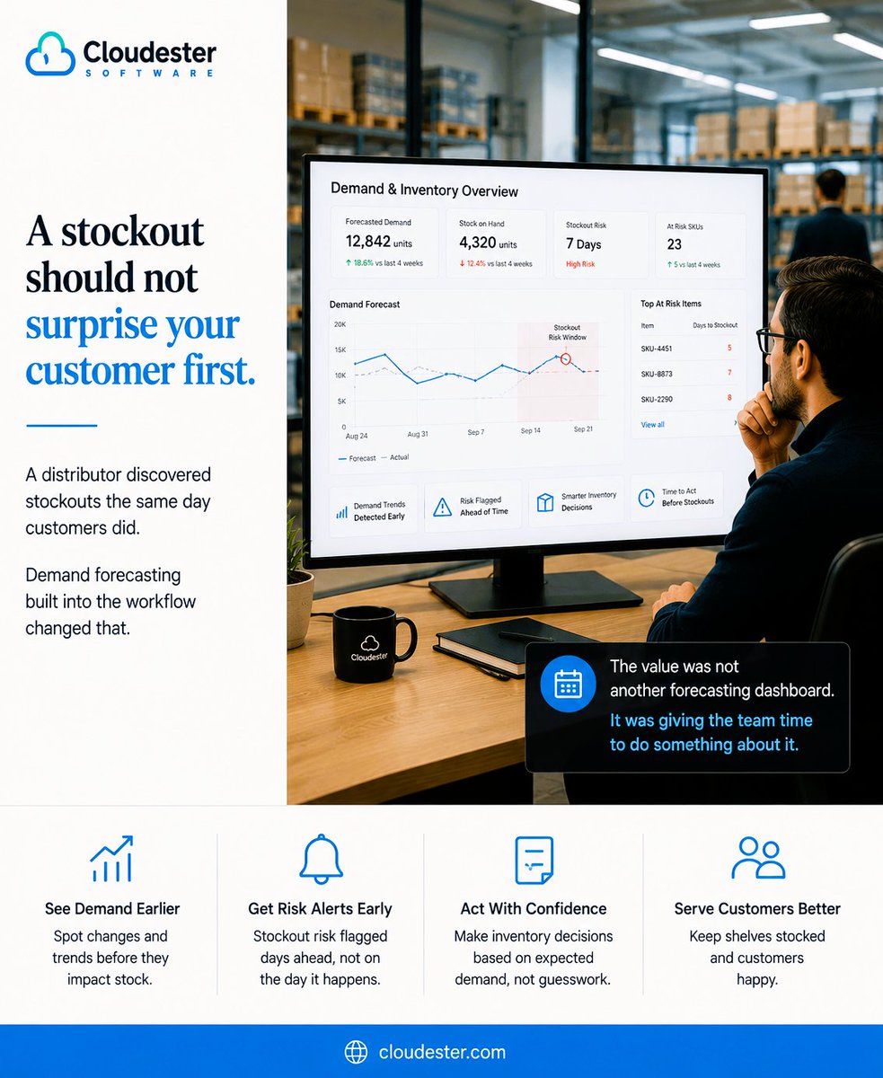 cloudester's tweet photo. A stockout should not surprise your customer first.

Demand forecasting built into the workflow gives teams time to act before inventory runs out.

See demand earlier. Act sooner. Serve customers better.

https://t.co/hqXCcPSw4a

#SupplyChain  #AITools https://t.co/QlFbbZEdzB