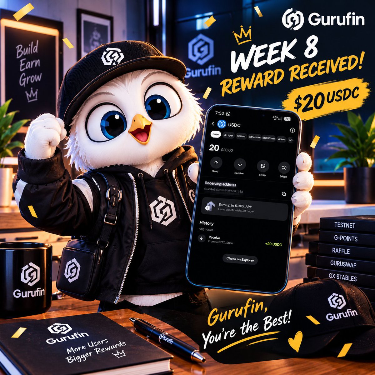 Neemarh08's tweet photo. 🎉 WEEK 8 REWARD RECEIVED!💙

Today is distribution day, I’m happy to say my $20 USDC has landed safely in my Guru Wallet.💰🔥
I won Week 8, and now the reward is in my wallet. 🙌
Big thanks to @Gurufin_HQ for keeping the rewards flowing and making the testnet even more exciting. https://t.co/yR5f7nuBMo