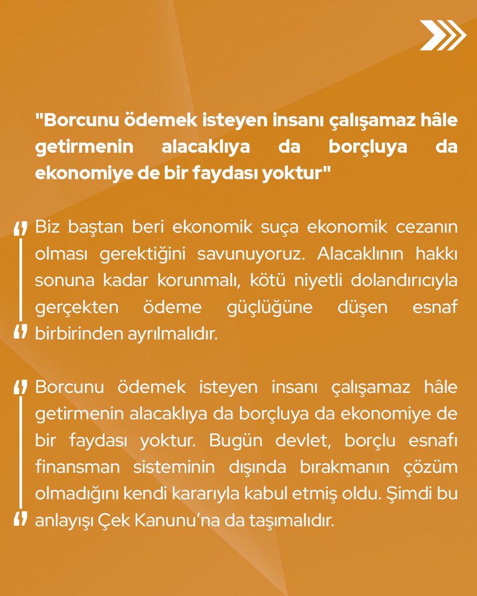 devapartisi's tweet photo. İdris Şahin: “Vergi ve SGK borcu olan esnafa yeniden kredi imkânı tanınması doğru bir adımdır. Ama aynı gerçeği çekini ödeyemeyen esnaf için de kabul etmek zorundasınız.

Maliye, ‘Borçlusun ama seni ayakta tutalım’ derken adalet sistemi aynı esnafa ‘Ödeyemiyorsan ceza tehdidiyle karşı karşıyasın’ dememeli.

Devlet borçlunun niyetini, borcun adına göre değiştiremez. Vergi borcunda ekonomik darboğazı görüp çek borcunda kötü niyet varsayamazsınız.”