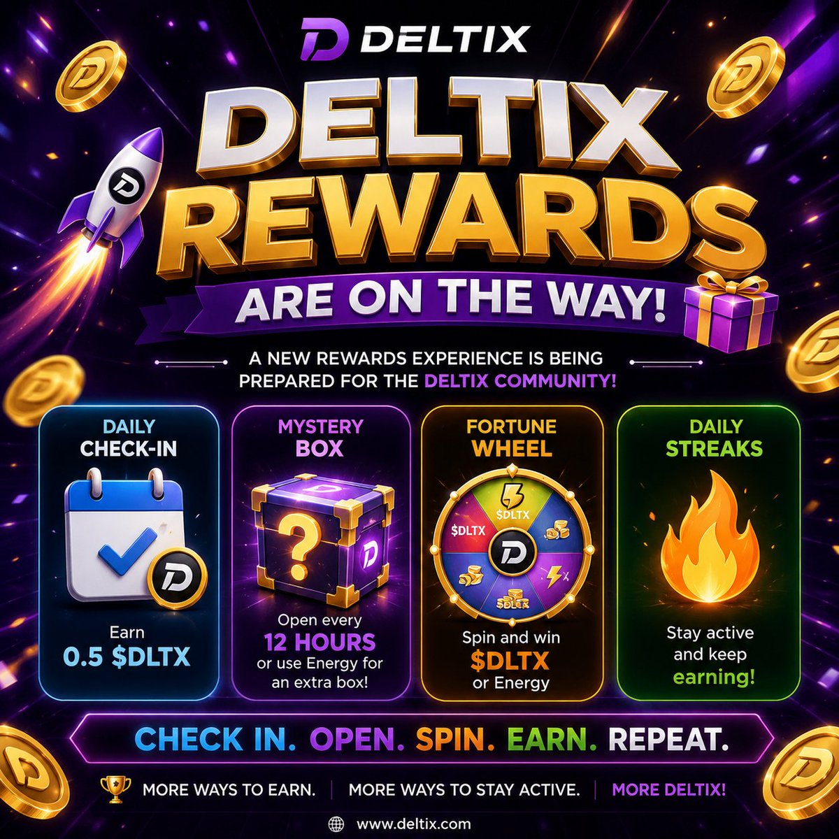 AleemAleemk292's tweet photo. 🚀🔥 DELTIX REWARDS आने वाले हैं! 🎁

अब Deltix Community में कमाई के और भी मज़ेदार तरीके! 💎

✅ Daily Check-In → 0.5 $DLTX
📦 Mystery Box → हर 12 घंटे
🎡 Fortune Wheel → $DLTX या Energy
🔥 Daily Streaks → Active रहो, Rewards पाओ!

#Deltix #DLTX #Rewards #Web3 #Crypto https://t.co/ZwQHgCT6Z2