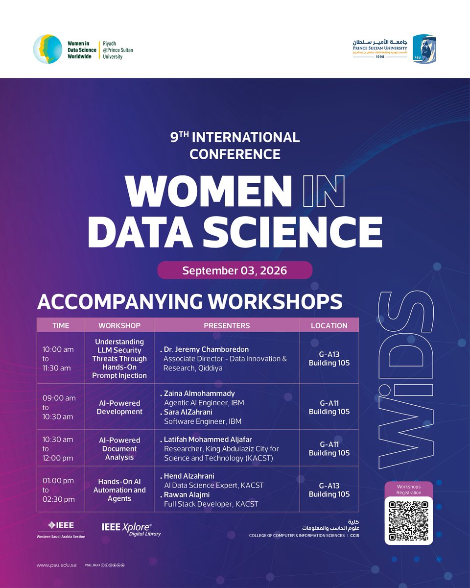 PSU_RUH's tweet photo. #AI and information security are among the most prominent topics of the #WiDS2026 conference at #PrinceSultanUniversity, with the participation of an elite group of experts and researchers. https://t.co/kR2cf2R6lG