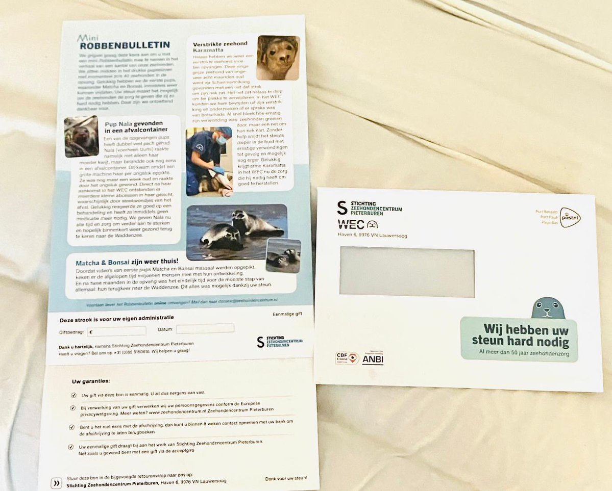 Seallover_Emily's tweet photo. 最近、アザラシ幼稚園から手紙が届きました。
内容は…
寄付のお願いと
最近のアザラシたちの近況報告です。

引リツにあるアザラシ幼稚園からの寄付に関する投稿に対して
「日本ばかりに寄付を呼びかけていないか？」
という旨の反応をいくつか見かけました。

しかし実際には、オランダ国内にもこのように手紙が届いています。

日本の人たちだけにお願いしているというわけではなく
オランダ国内でも支援を呼びかけていることも知っておいていただけたらと思います🦭

こういう現地からの情報も、私は今後できるだけ皆さんにお伝えしていきます。

手紙の内容の翻訳は以下スレッドに載せるので
興味のある方はぜひ読んでみてください。